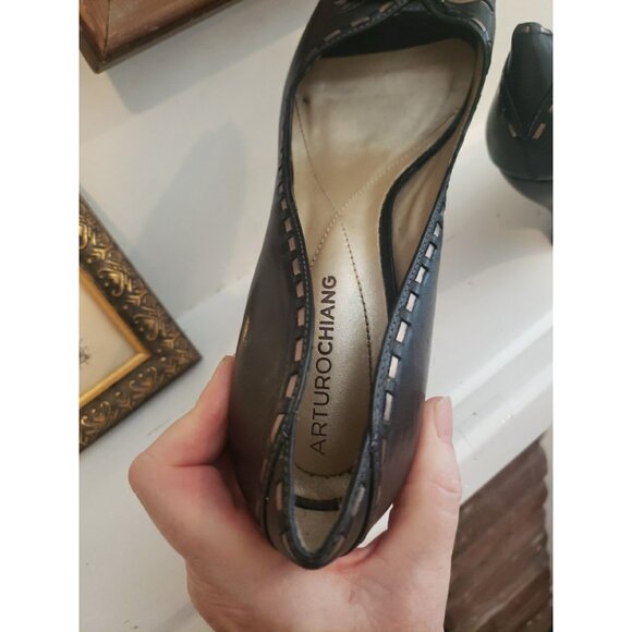 Arturo Chiang Shoes Wedges Womens Leather Navy Peep Toe 7.5 Kitten Heel - Picture 10 of 12